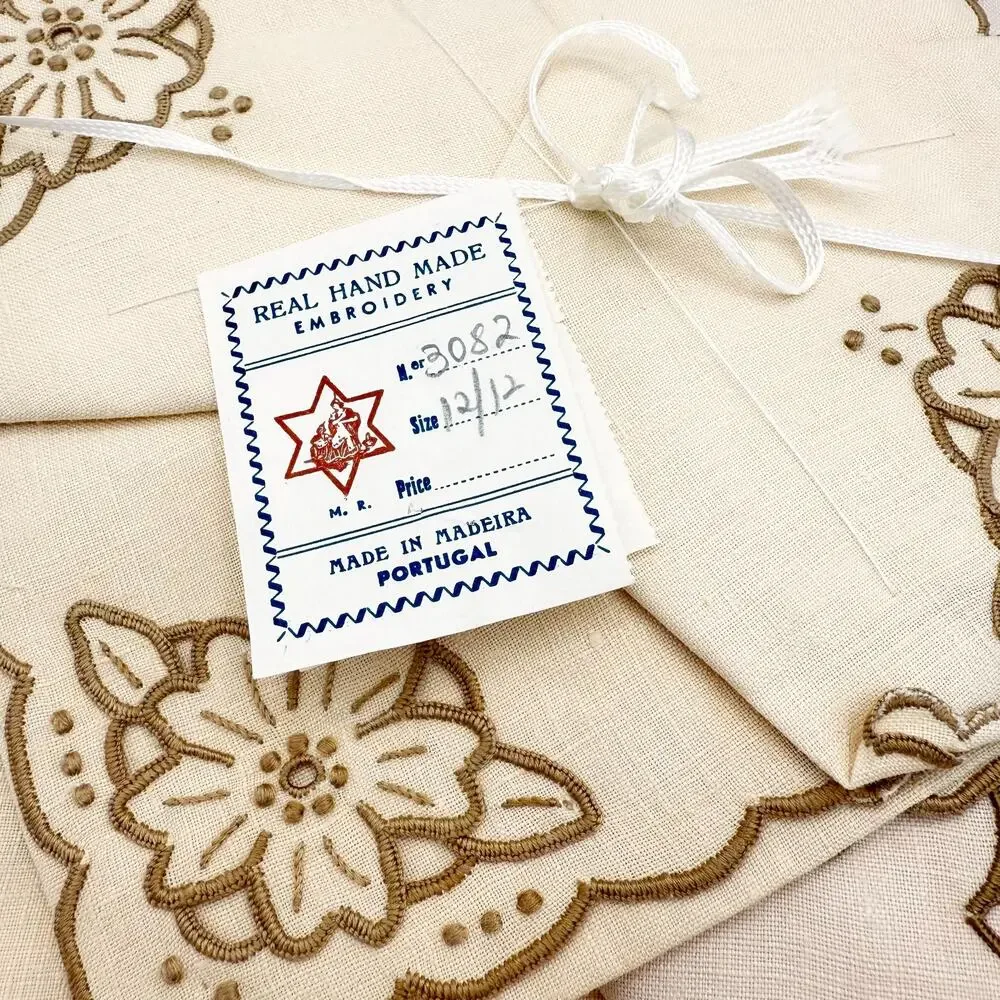 Vintage Madeira Linen Tablecloth & Napkin Set Cutwork Embroidery Portugal